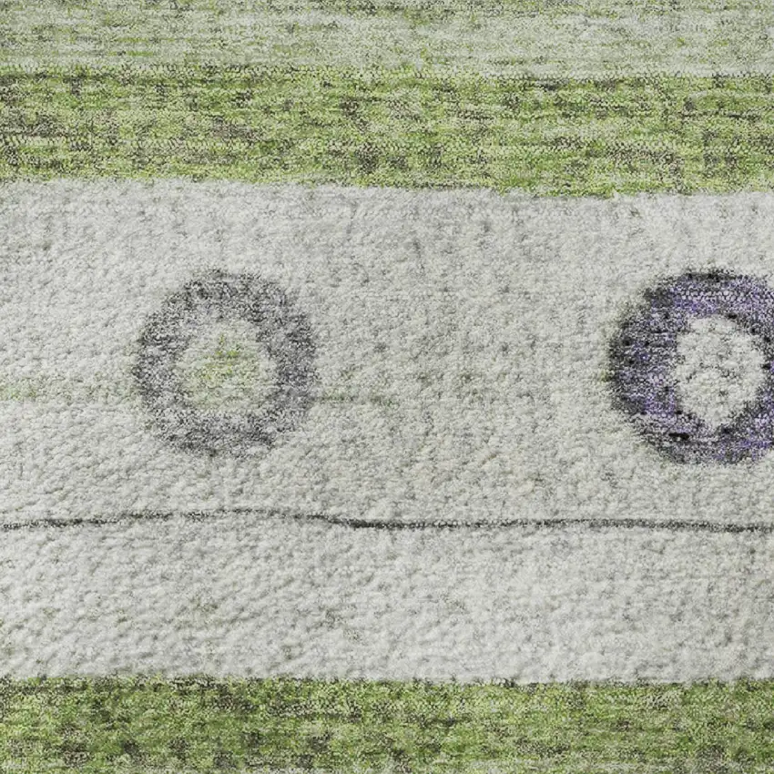 8' Artichoke Green Purple And Ivory Striped Washable Round Rug With UV Protection Photo 9