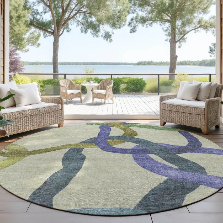 8' Artichoke Green Purple And Khaki Round Abstract Washable Indoor Outdoor Area Rug Photo 4