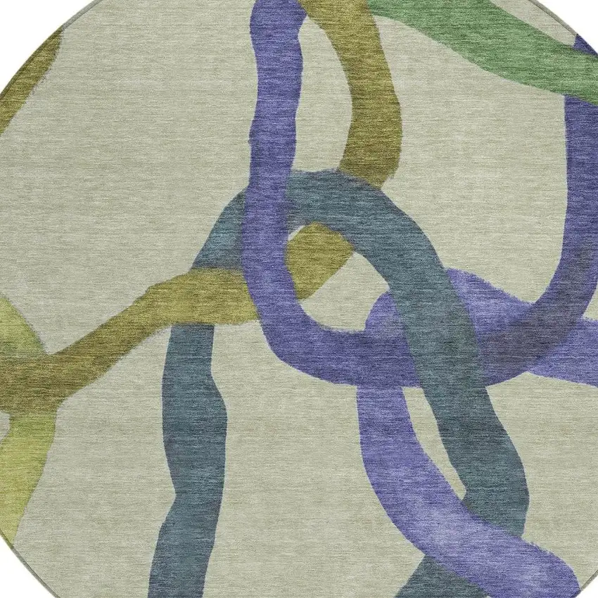 8' Artichoke Green Purple And Khaki Round Abstract Washable Indoor Outdoor Area Rug Photo 2