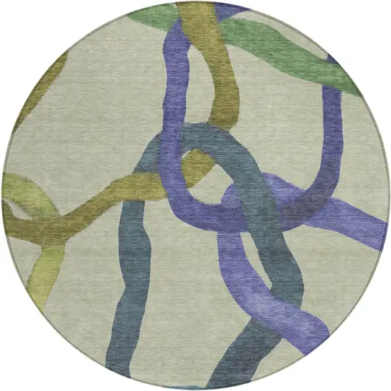 8' Artichoke Green Purple And Khaki Round Abstract Washable Indoor Outdoor Area Rug Photo 1