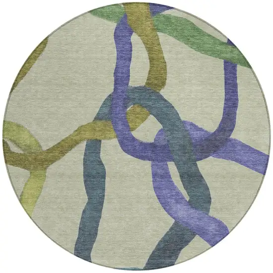 8' Artichoke Green Purple And Khaki Round Abstract Washable Indoor Outdoor Area Rug Photo 3