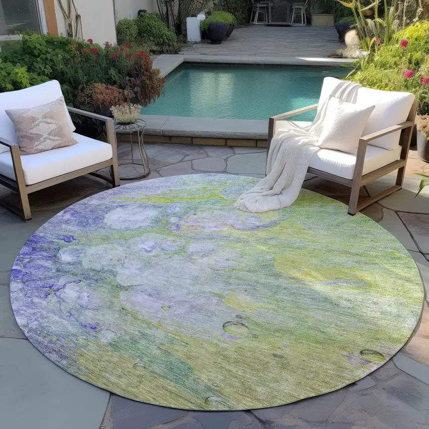 8' Artichoke Green Purple And Lilac Round Abstract Washable Indoor Outdoor Area Rug Photo 7