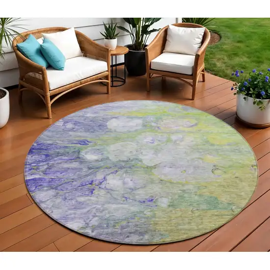 8' Artichoke Green Purple And Lilac Round Abstract Washable Indoor Outdoor Area Rug Photo 1