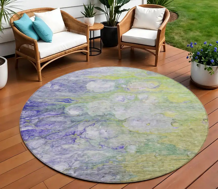 8' Artichoke Green Purple And Lilac Round Abstract Washable Indoor Outdoor Area Rug Photo 1