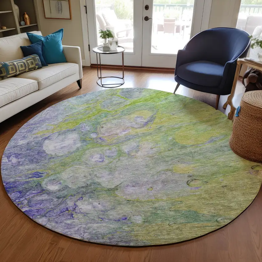 8' Artichoke Green Purple And Lilac Round Abstract Washable Indoor Outdoor Area Rug Photo 8