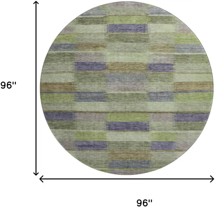 8' Artichoke Green Purple And Taupe Striped Washable Round Rug With UV Protection Photo 9