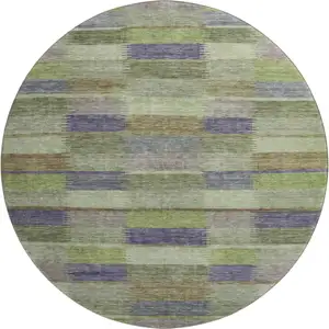 Photo of 8' Artichoke Green Purple And Taupe Striped Washable Round Rug With UV Protection