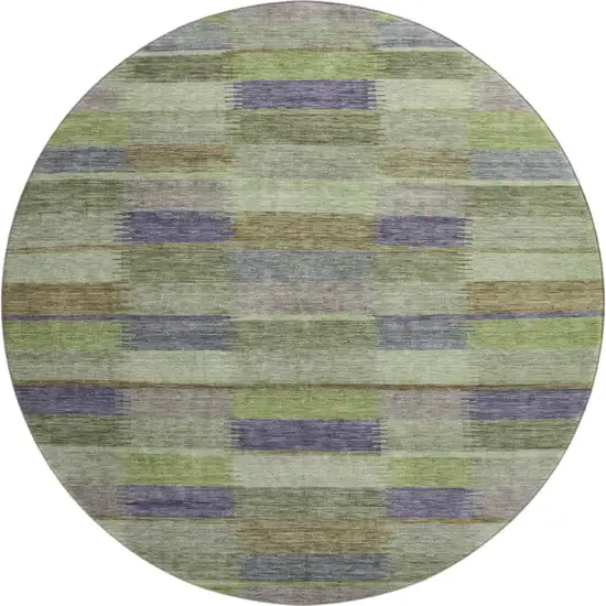8' Artichoke Green Purple And Taupe Striped Washable Round Rug With UV Protection Photo 1