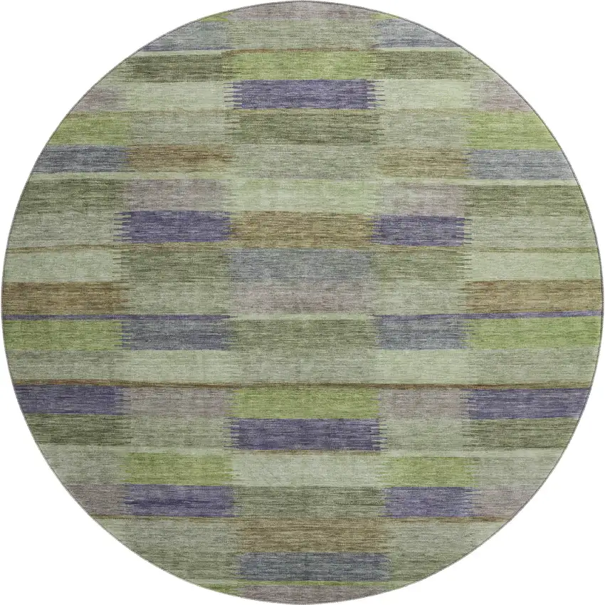 8' Artichoke Green Purple And Taupe Striped Washable Round Rug With UV Protection Photo 1