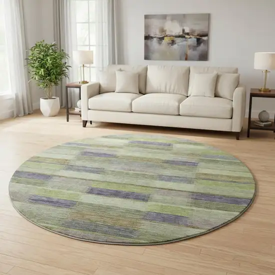 8' Artichoke Green Purple And Taupe Striped Washable Round Rug With UV Protection Photo 2