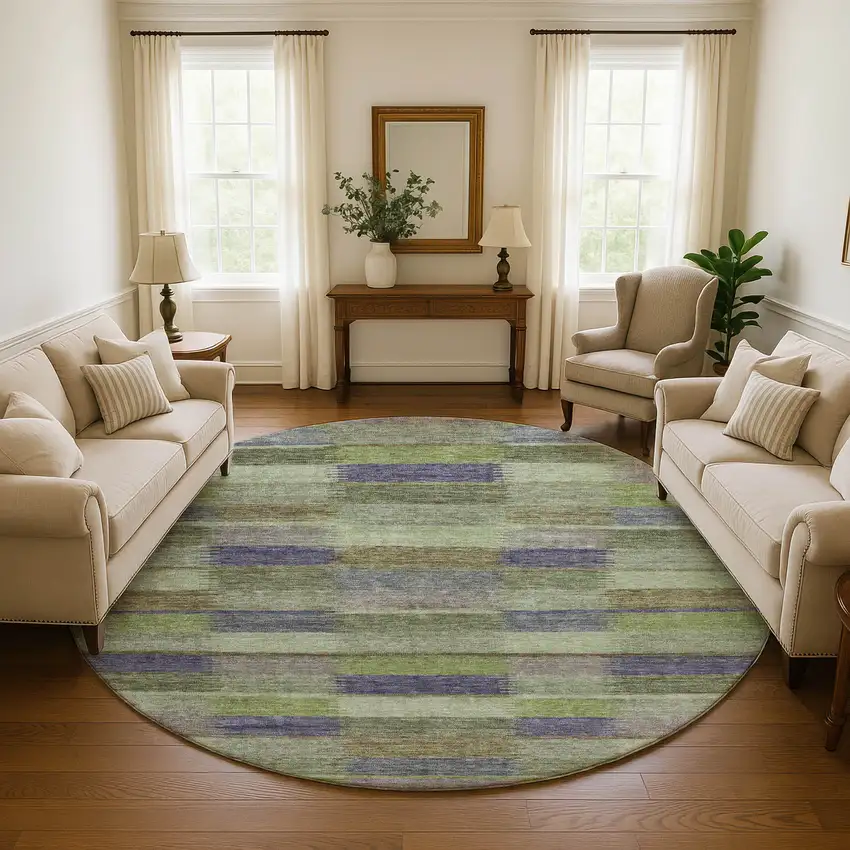 8' Artichoke Green Purple And Taupe Striped Washable Round Rug With UV Protection Photo 4