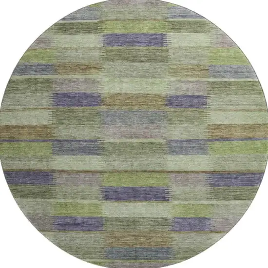 8' Artichoke Green Purple And Taupe Striped Washable Round Rug With UV Protection Photo 3