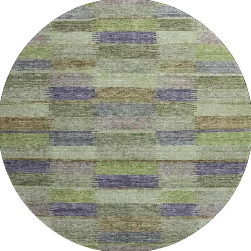 8' Artichoke Green Purple And Taupe Striped Washable Round Rug With UV Protection Photo 3