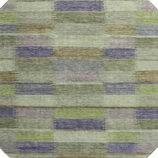 8' Artichoke Green Purple And Taupe Striped Washable Round Rug With UV Protection Photo 2