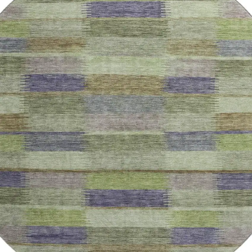 8' Artichoke Green Purple And Taupe Striped Washable Round Rug With UV Protection Photo 2
