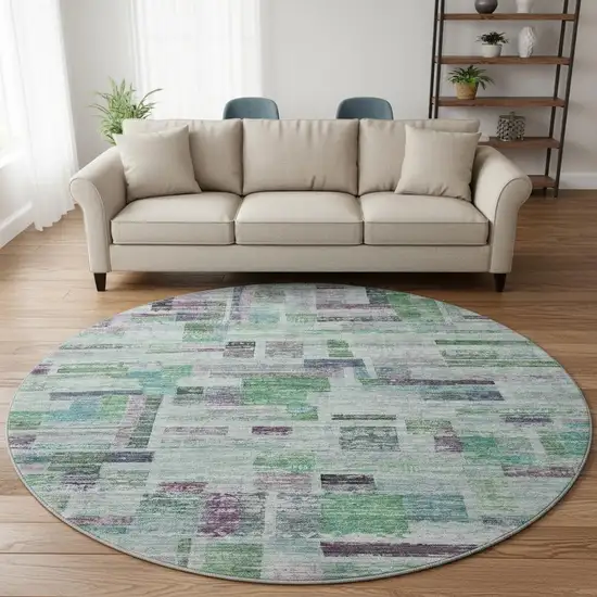 8' Artichoke Green Purple And Teal Striped Washable Round Rug With UV Protection Photo 1