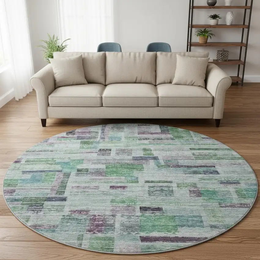 8' Artichoke Green Purple And Teal Striped Washable Round Rug With UV Protection Photo 1