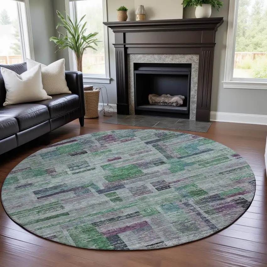 8' Artichoke Green Purple And Teal Striped Washable Round Rug With UV Protection Photo 4