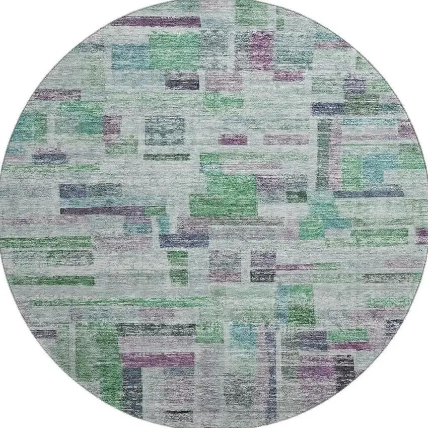 8' Artichoke Green Purple And Teal Striped Washable Round Rug With UV Protection Photo 3