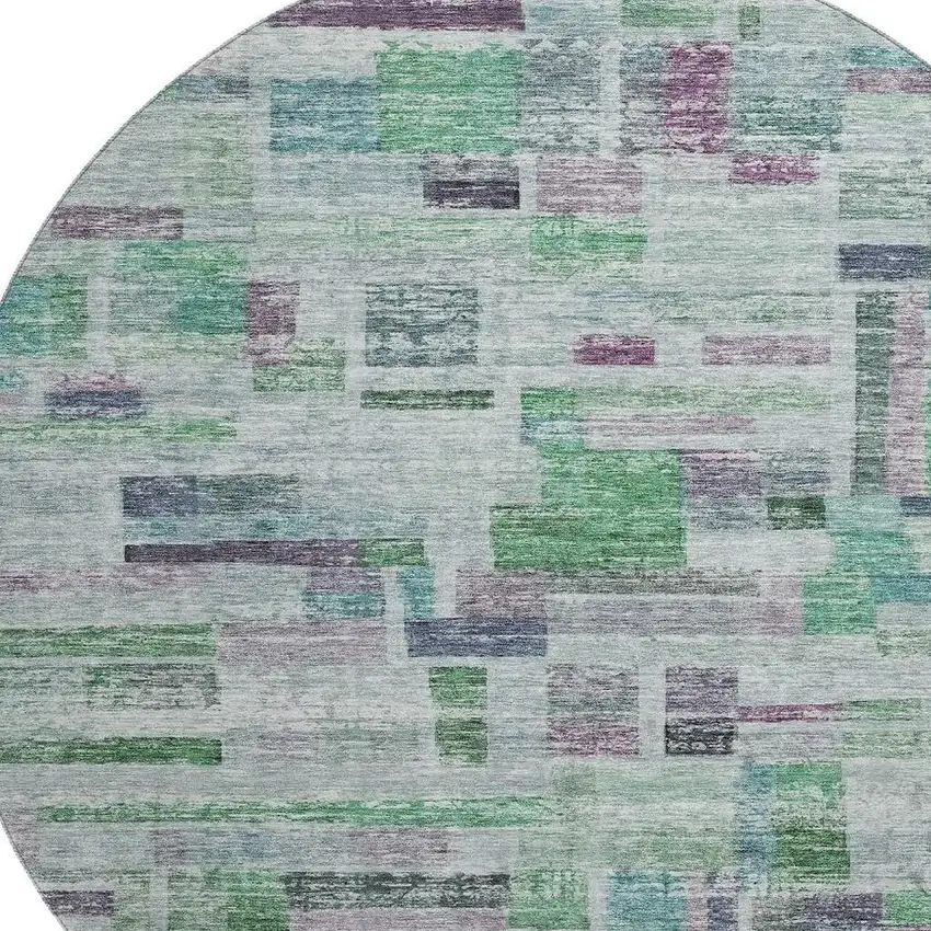 8' Artichoke Green Purple And Teal Striped Washable Round Rug With UV Protection Photo 2