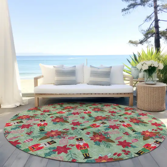 8' Artichoke Green Red Black Pink And Brown Round Floral Washable Indoor Outdoor Area Rug Photo 5