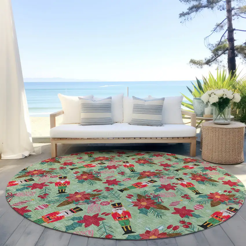 8' Artichoke Green Red Black Pink And Brown Round Floral Washable Indoor Outdoor Area Rug Photo 5