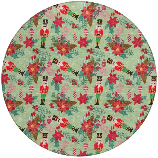 8' Artichoke Green Red Black Pink And Brown Round Floral Washable Indoor Outdoor Area Rug Photo 3