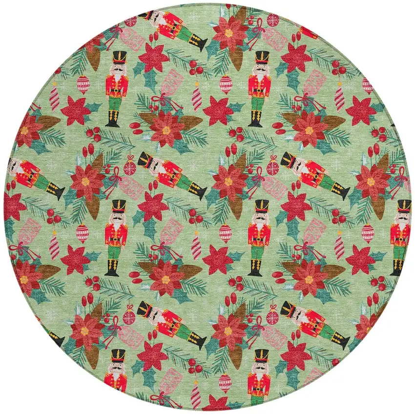 8' Artichoke Green Red Black Pink And Brown Round Floral Washable Indoor Outdoor Area Rug Photo 3