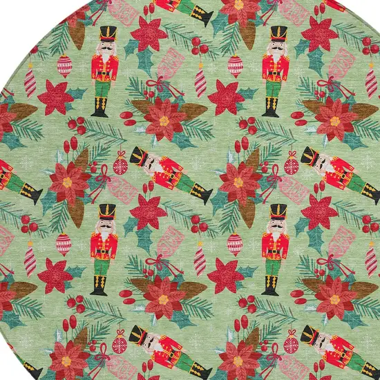 8' Artichoke Green Red Black Pink And Brown Round Floral Washable Indoor Outdoor Area Rug Photo 9
