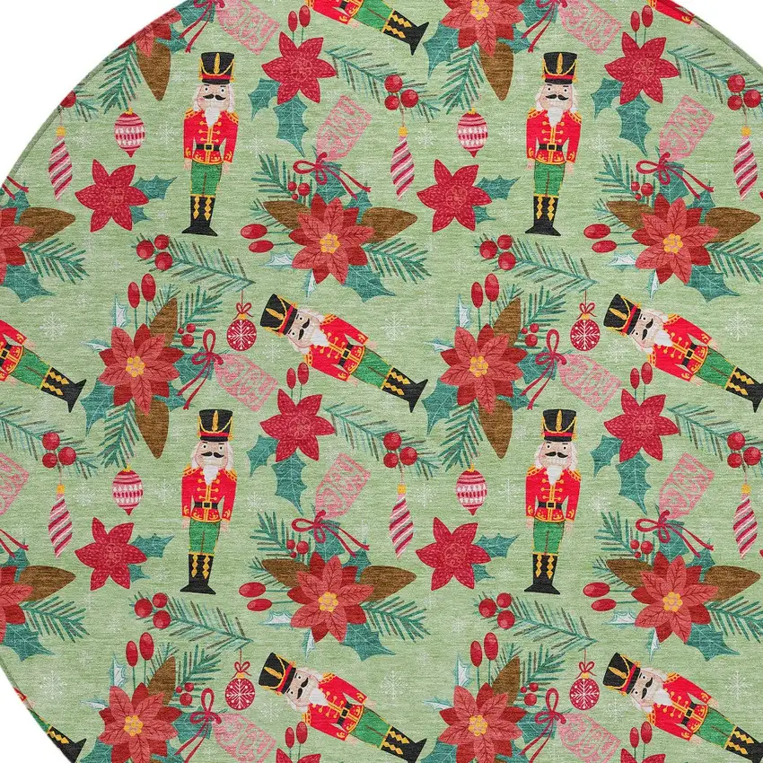 8' Artichoke Green Red Black Pink And Brown Round Floral Washable Indoor Outdoor Area Rug Photo 9