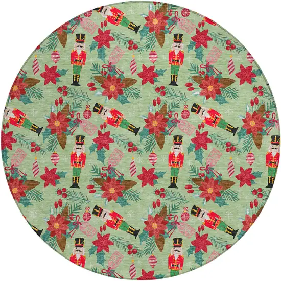 8' Artichoke Green Red Black Pink And Brown Round Floral Washable Indoor Outdoor Area Rug Photo 2