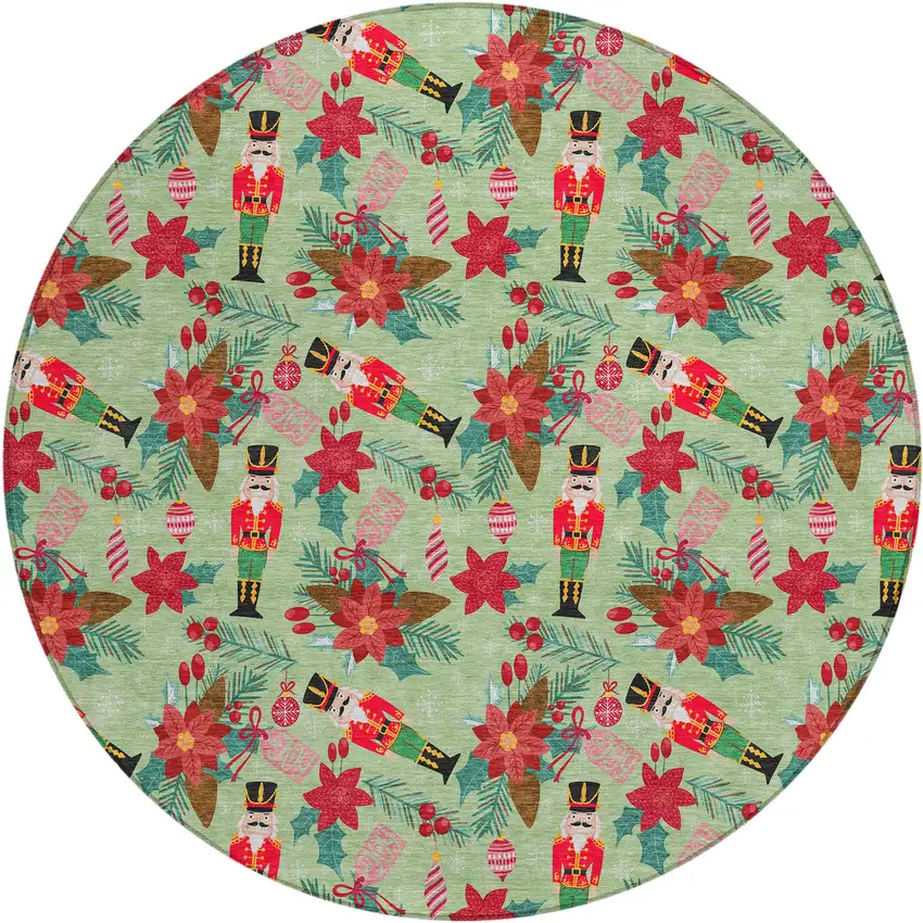 8' Artichoke Green Red Black Pink And Brown Round Floral Washable Indoor Outdoor Area Rug Photo 1