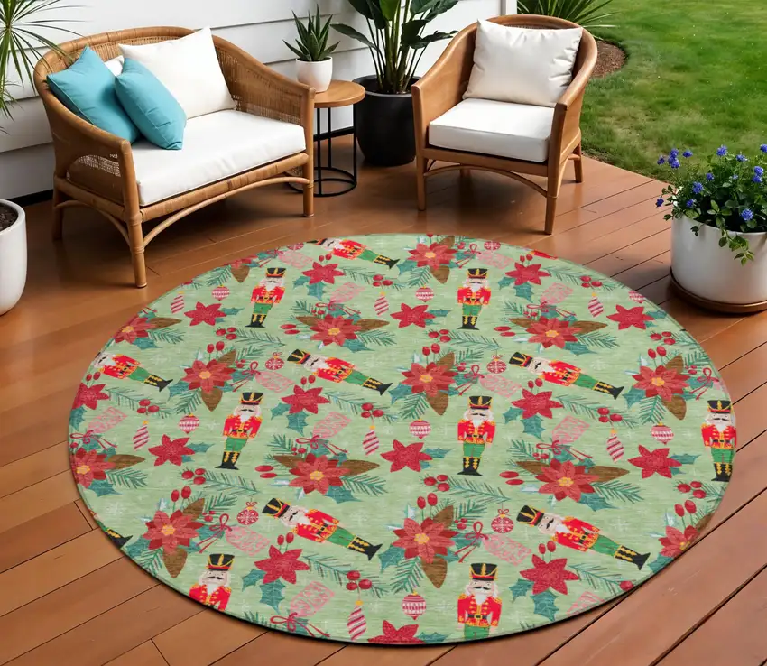 8' Artichoke Green Red Black Pink And Brown Round Floral Washable Indoor Outdoor Area Rug Photo 2