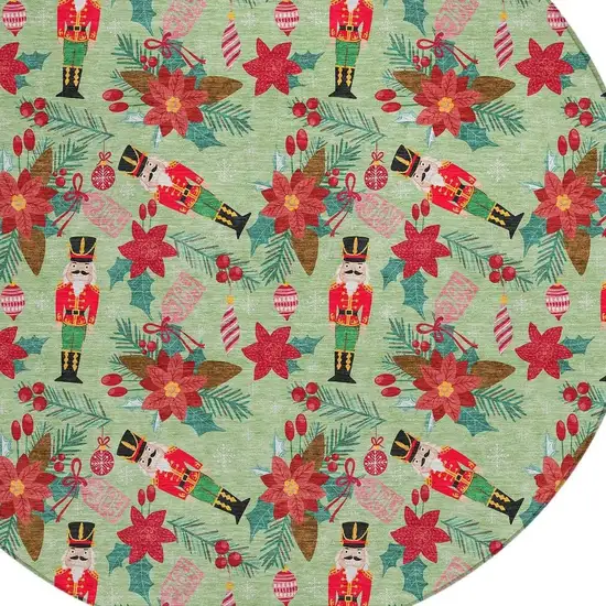 8' Artichoke Green Red Black Pink And Brown Round Floral Washable Indoor Outdoor Area Rug Photo 4