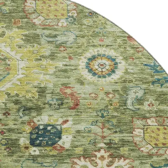 8' Artichoke Green Rust And Gold Oriental Washable Round Rug With UV Protection Photo 3