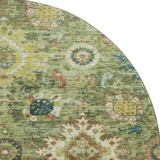 8' Artichoke Green Rust And Gold Oriental Washable Round Rug With UV Protection Photo 4