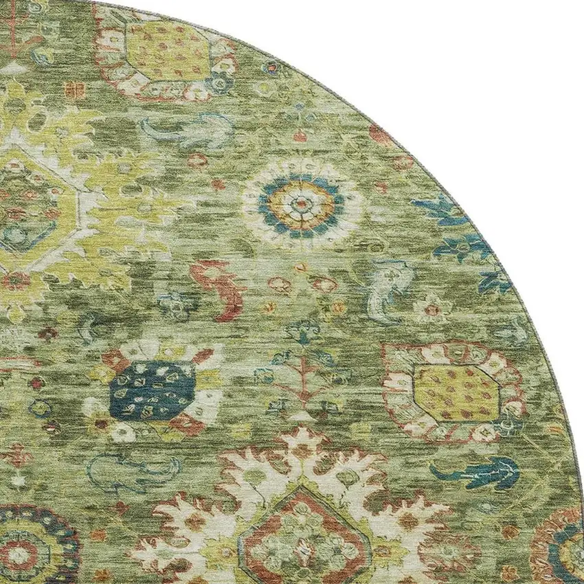 8' Artichoke Green Rust And Gold Oriental Washable Round Rug With UV Protection Photo 4
