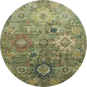 Photo of 8' Artichoke Green Rust And Gold Oriental Washable Round Rug With UV Protection