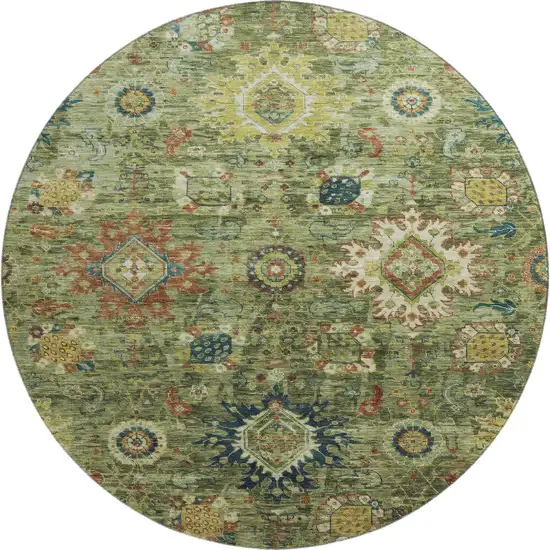 8' Artichoke Green Rust And Gold Oriental Washable Round Rug With UV Protection Photo 1