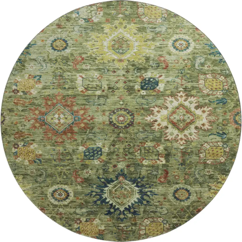 8' Artichoke Green Rust And Gold Oriental Washable Round Rug With UV Protection Photo 1