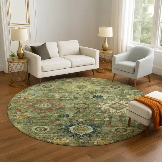 8' Artichoke Green Rust And Gold Oriental Washable Round Rug With UV Protection Photo 5