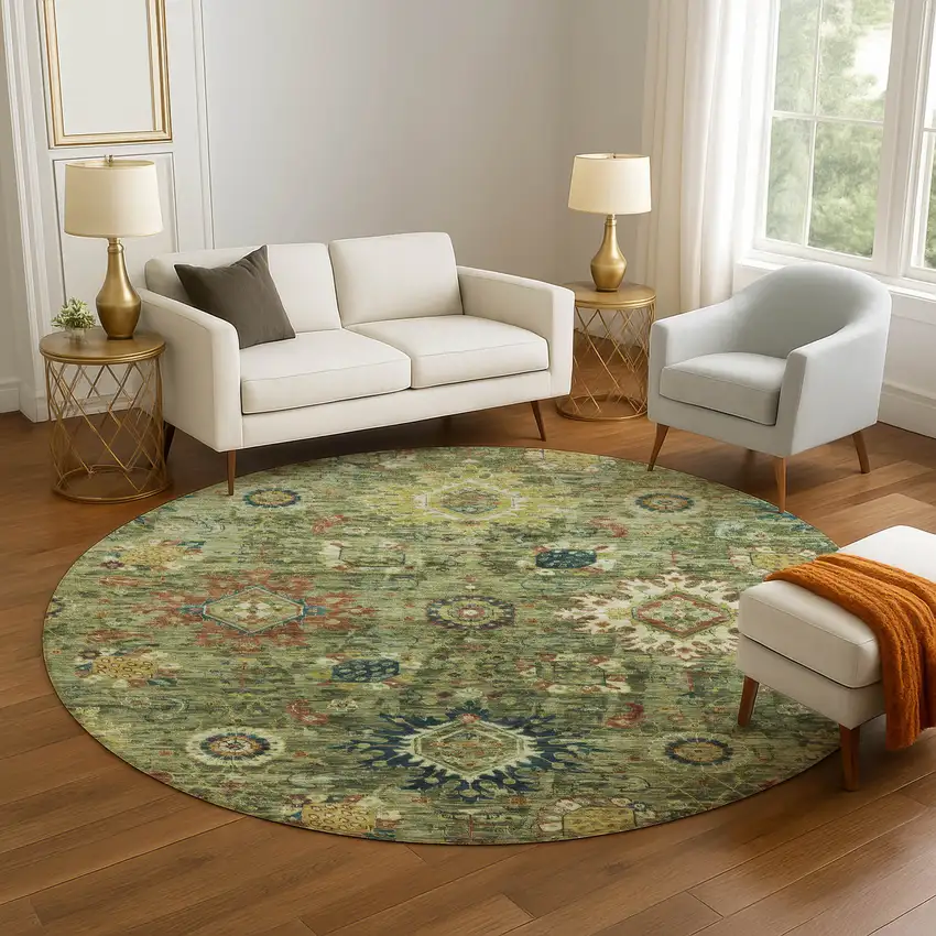 8' Artichoke Green Rust And Gold Oriental Washable Round Rug With UV Protection Photo 5
