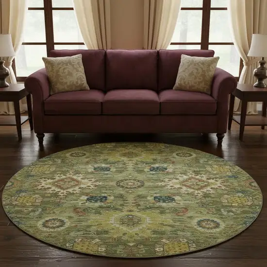 8' Artichoke Green Rust And Gold Oriental Washable Round Rug With UV Protection Photo 2