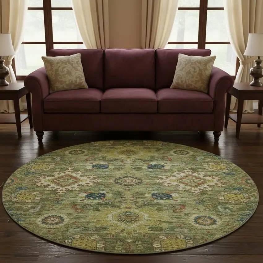 8' Artichoke Green Rust And Gold Oriental Washable Round Rug With UV Protection Photo 2