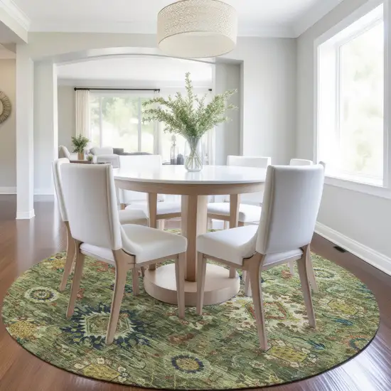 8' Artichoke Green Rust And Gold Round Floral Medallion Washable Indoor Outdoor Area Rug Photo 6