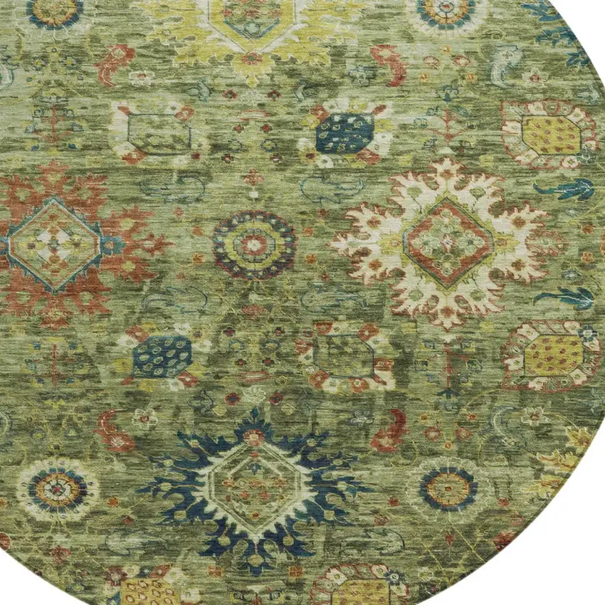 8' Artichoke Green Rust And Gold Round Floral Medallion Washable Indoor Outdoor Area Rug Photo 9