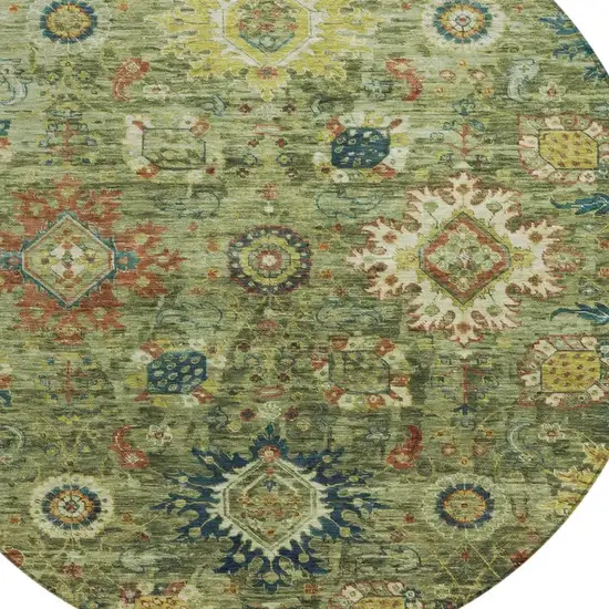 8' Artichoke Green Rust And Gold Round Floral Medallion Washable Indoor Outdoor Area Rug Photo 4