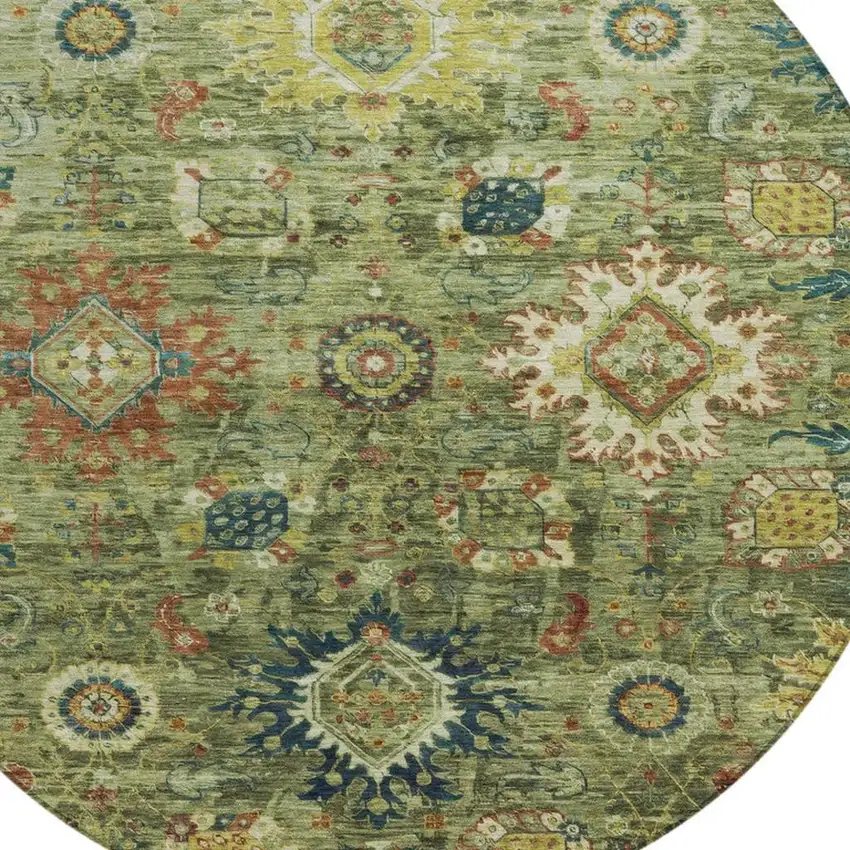 8' Artichoke Green Rust And Gold Round Floral Medallion Washable Indoor Outdoor Area Rug Photo 4