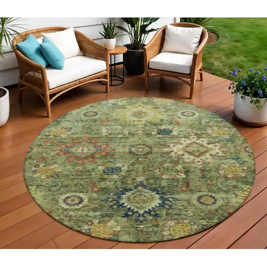 8' Artichoke Green Rust And Gold Round Floral Medallion Washable Indoor Outdoor Area Rug Photo 2