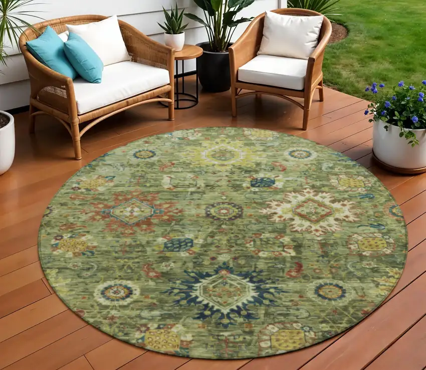 8' Artichoke Green Rust And Gold Round Floral Medallion Washable Indoor Outdoor Area Rug Photo 2